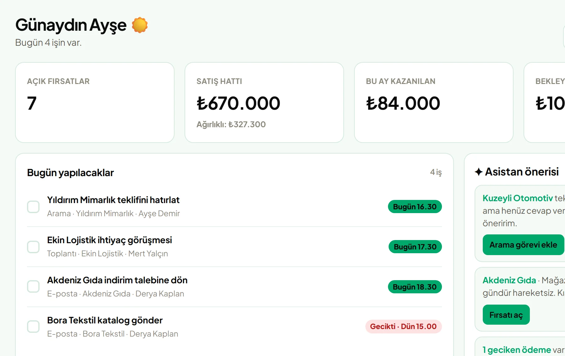 CRM Budur Bugün ekranı: açık fırsatlar, satış hattı, bugünün işleri ve öneriler