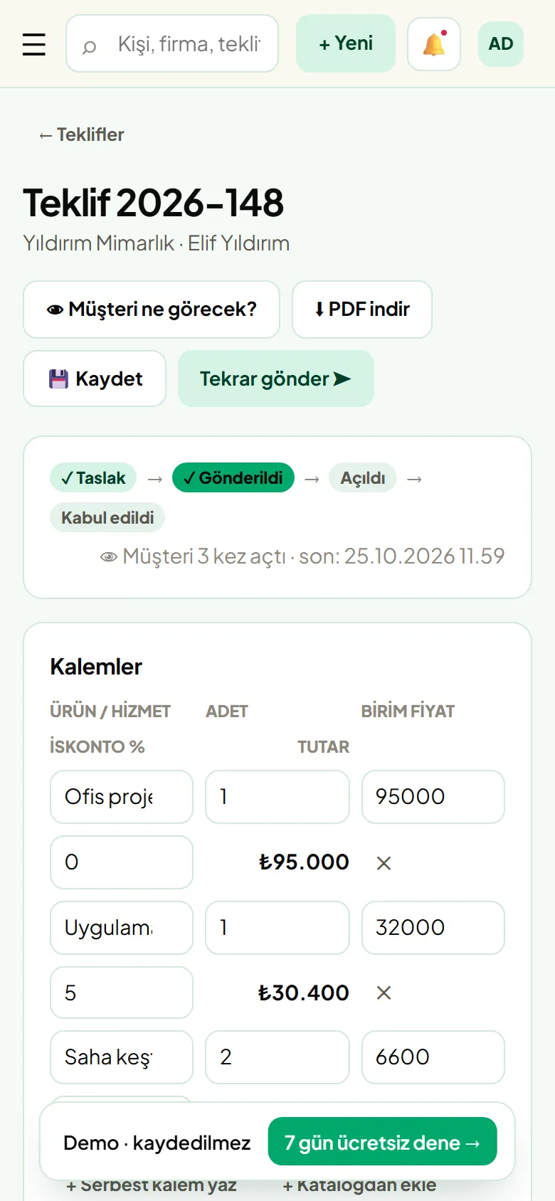 Telefonda CRM Budur teklif ekranı